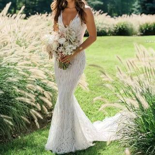 Luxury Deep V - Neck Lace Mermaid Wedding Dress - Diva Melody