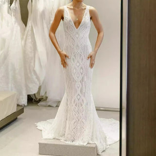 Luxury Deep V - Neck Lace Mermaid Wedding Dress - Diva Melody