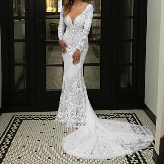 Luxury Long - Sleeve Beaded Mermaid Wedding Dress - Diva Melody