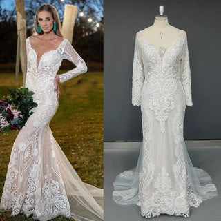 Luxury Long - Sleeve Beaded Mermaid Wedding Dress - Diva Melody