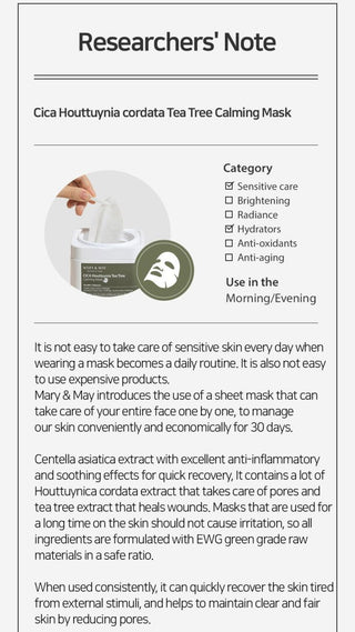 [Mary&May] Cica Houttuynia cordata Tea Tree Calming Mask Pack - 30 sheets - Diva Melody