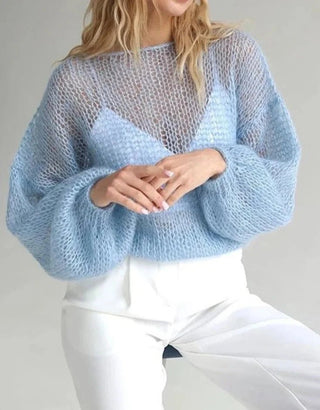 Mesh See Through Lantern Sleeve Knitted Sweaters - Diva Melody