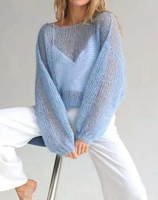 Mesh See Through Lantern Sleeve Knitted Sweaters - Diva Melody