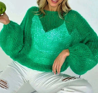 Mesh See Through Lantern Sleeve Knitted Sweaters - Diva Melody