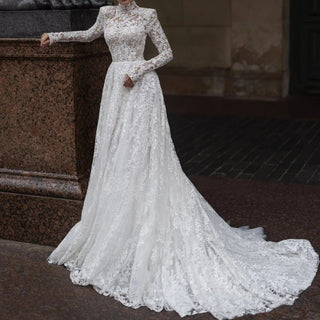 Modest High Collar Long Sleeve Wedding Dress - Diva Melody