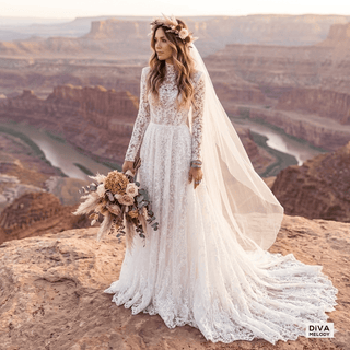 Modest High Collar Long Sleeve Wedding Dress - Diva Melody