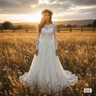 Modest Lace Scoop Neck Bridal Gown - Diva Melody