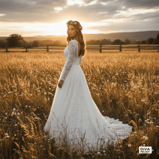 Modest Lace Scoop Neck Bridal Gown - Diva Melody