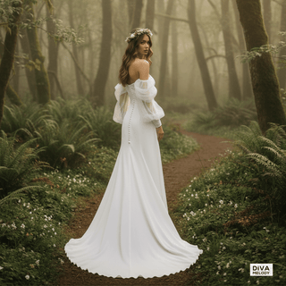 Modest Off - Shoulder Crepe Wedding Dress - Diva Melody
