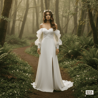 Modest Off - Shoulder Crepe Wedding Dress - Diva Melody
