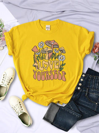 Mushroom Love Yourself Cute Printed T-Shirt - Diva Melody