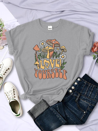 Mushroom Love Yourself Cute Printed T-Shirt - Diva Melody