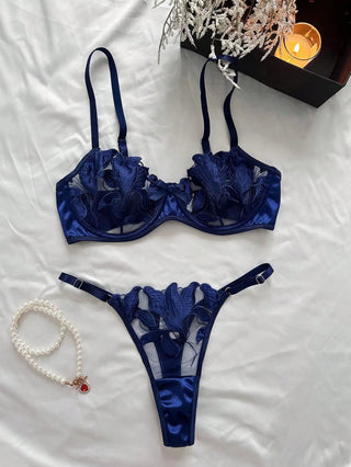 Navy Blue Floral Lace Two - Piece Intimates Set - Diva Melody