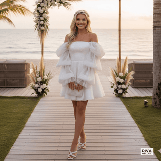 Off - Shoulder Bubble Sleeve Wedding Dress - Diva Melody