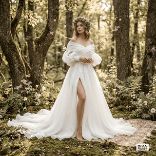 Off Shoulder Detachable Bolero Wedding Dress - Diva Melody