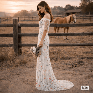 Off - Shoulder Floral Sheath Wedding Dress - Diva Melody
