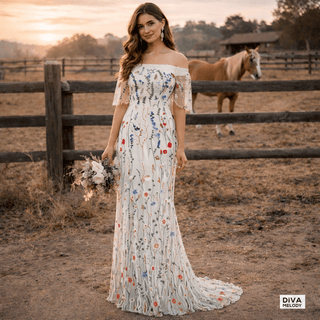 Off - Shoulder Floral Sheath Wedding Dress - Diva Melody