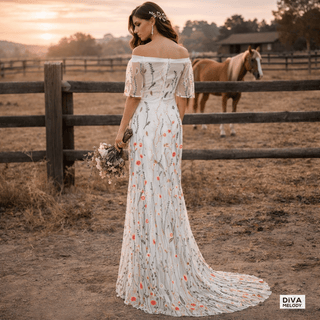 Off - Shoulder Floral Sheath Wedding Dress - Diva Melody