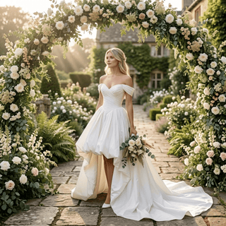 Off-Shoulder High-Low Corset Wedding Dress - Diva Melody