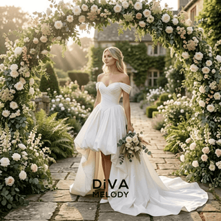 Off-Shoulder High-Low Corset Wedding Dress - Diva Melody