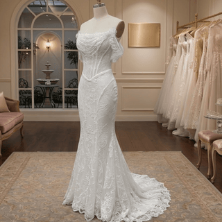 Off Shoulder Lace Mermaid Corset Wedding Dress - Diva Melody