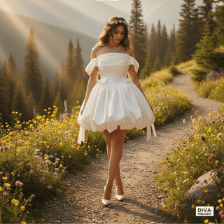 Off - Shoulder Mini Bubble Skirt Bridal Dress - Diva Melody