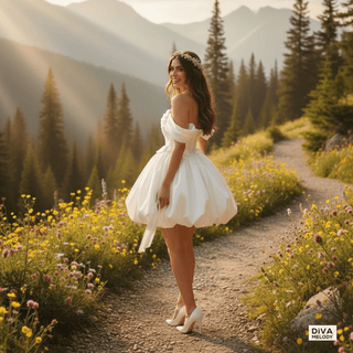 Off - Shoulder Mini Bubble Skirt Bridal Dress - Diva Melody