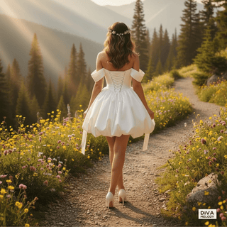 Off - Shoulder Mini Bubble Skirt Bridal Dress - Diva Melody