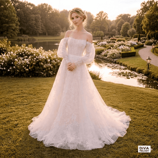 Off Shoulder Puffy Sleeve Wedding Gown - Diva Melody