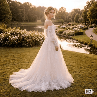 Off Shoulder Puffy Sleeve Wedding Gown - Diva Melody
