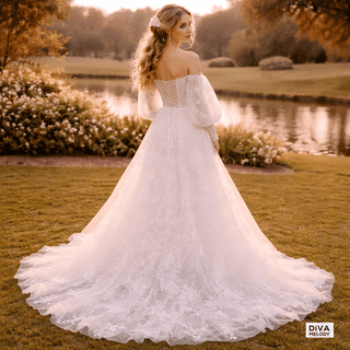 Off Shoulder Puffy Sleeve Wedding Gown - Diva Melody