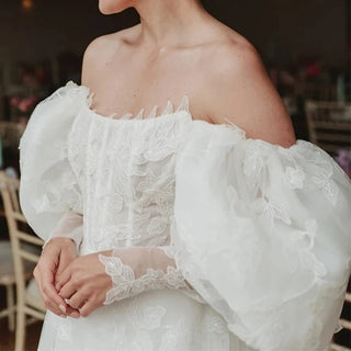 Off Shoulder Puffy Sleeve Wedding Gown - Diva Melody