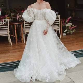 Off Shoulder Puffy Sleeve Wedding Gown - Diva Melody