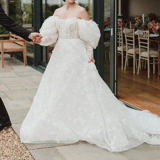 Off Shoulder Puffy Sleeve Wedding Gown - Diva Melody