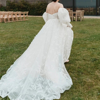 Off Shoulder Puffy Sleeve Wedding Gown - Diva Melody