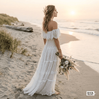Off Shoulder Ruffles A Line Bridal Gown - Diva Melody