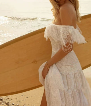 Off Shoulder Ruffles A Line Bridal Gown - Diva Melody