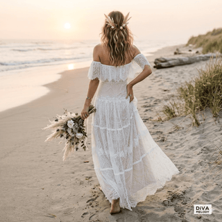 Off Shoulder Ruffles A Line Bridal Gown - Diva Melody