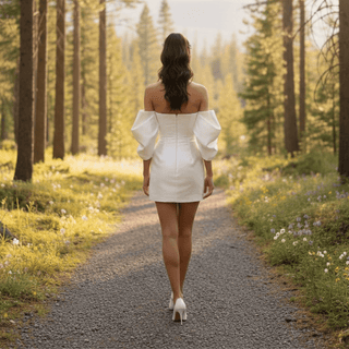 Off - Shoulder Satin Bodycon Mini Bridal Dress - Diva Melody