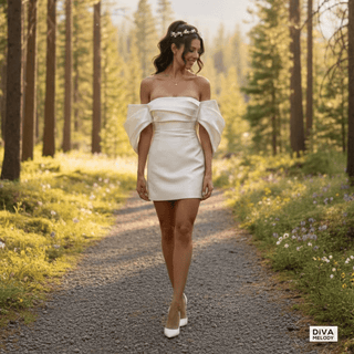 Off - Shoulder Satin Bodycon Mini Bridal Dress - Diva Melody