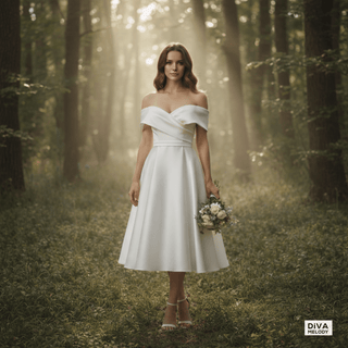 Off - Shoulder Satin Tea - Length Wedding Dress - Diva Melody