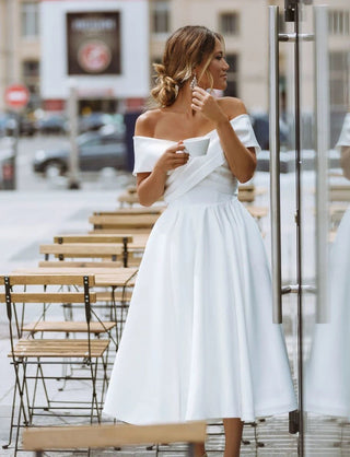 Off - Shoulder Satin Tea - Length Wedding Dress - Diva Melody