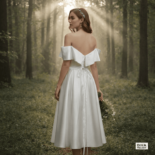 Off - Shoulder Satin Tea - Length Wedding Dress - Diva Melody