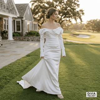 Off Shoulder Soft Satin Wedding Dress - Diva Melody