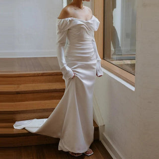 Off Shoulder Soft Satin Wedding Dress - Diva Melody