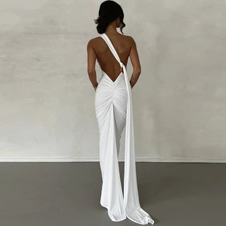 One Shoulder Backless Adjustable Scarf Loop Ruched Sexy Maxi Dress - Diva Melody