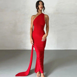 One Shoulder Backless Adjustable Scarf Loop Ruched Sexy Maxi Dress - Diva Melody