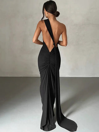 One Shoulder Backless Adjustable Scarf Loop Ruched Sexy Maxi Dress - Diva Melody