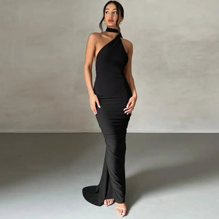 One Shoulder Backless Adjustable Scarf Loop Ruched Sexy Maxi Dress - Diva Melody