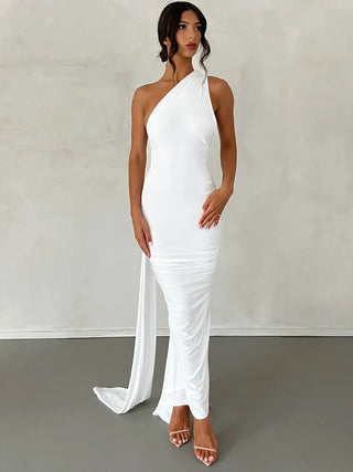 One Shoulder Backless Adjustable Scarf Loop Ruched Sexy Maxi Dress - Diva Melody